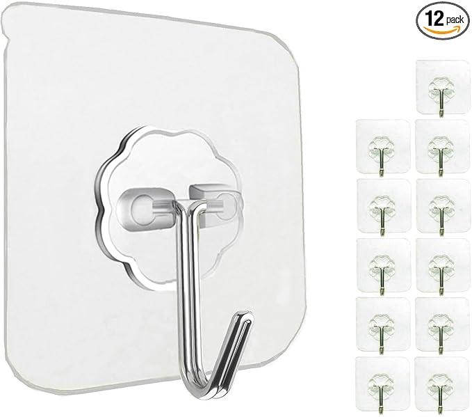 12 Pack Heavy Duty Self Adhesive Hooks - 33lb Max, Transparent, Waterproof, Sticky Wall Hooks for Keys, Bathroom, Shower, Outdoor, Kitchen, Door, Home Improvement, Utility | Heavy Duty, 33lb Max, Waterproof, for Keys, Bathroom, Shower