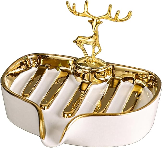 Soap Dish, Luxurious Ceramic Soap Dish Self Draining Soap Holder Tray Easy Cleaning Soap Saver for Shower Bathroom Kitchen Sink Bathtub Hotel Travel（White Painted in Gold）