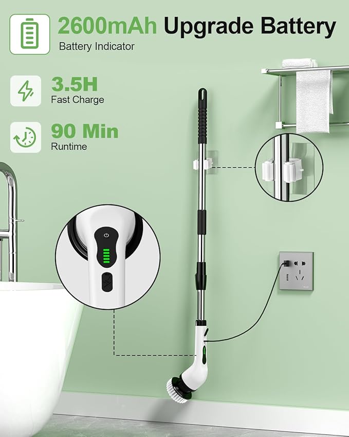 Electric Spin Scrubber, Cordless Cleaning Brush, Shower Scrubber IPX7 Waterproof Bathroom Scrubber, Adjustable Extension Handle, Floor Polishers 7 Heads 2H Power Dual Speed for Floor Car Cleaning.