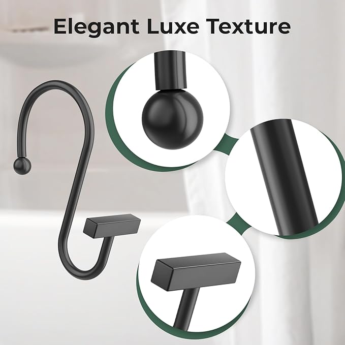 Shower Curtain Hooks, Black Shower Curtain Rings Rust Proof, 12PCS Shower Hooks for Shower Curtain, T-Bar Design Convenient Elegant Shower Curtain Hangers for Bathroom Kitchen Wardrobe
