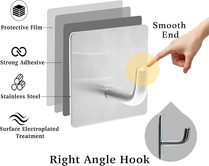 Heavy Duty Self-Adhesive Coat Hooks, Stainless Steel Towel Hooks for Shower, Bags, Towels, Robes, Hats, Aprons – No Drill Bathroom, Kitchen, Hotel Wall Hooks (4 Pack, Silver)