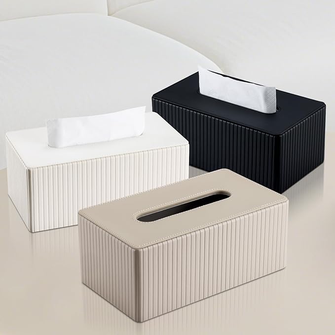 KINGFOM PU Leather Tissue Box Cover Rectangular Tissue Box Holder with Magnetic Bottom, Napkin & Facial Tissue Holder Dispenser for Home, Office (Decorative Pattern-PU Leather, Beige Stripe)
