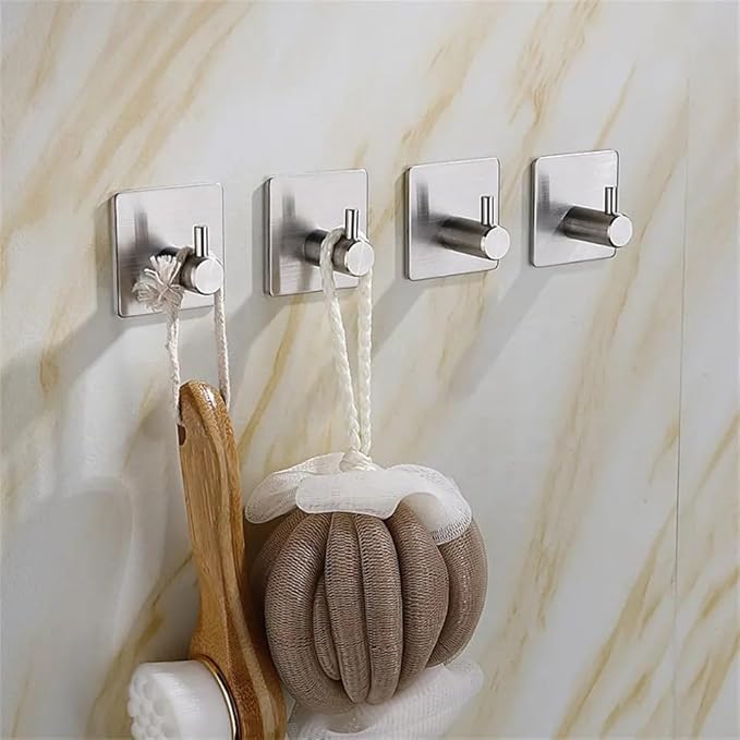 4-Pack Adhesive Hooks – Heavy Duty Stainless Steel Stick-On Wall Hooks for Bathroom, Kitchen, Doors, and Cabinets – Waterproof, Rust-Resistant, No Drill Required (Black/Silver)