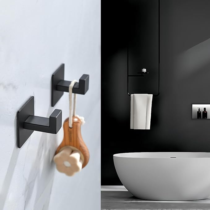 Matte Black Adhesive Hooks, 2-Pack Stainless Steel Right Angle Hooks for Towels, Robes, Hats - No Drill Bathroom & Kitchen Organization, Rust-Proof for Smooth Surfaces