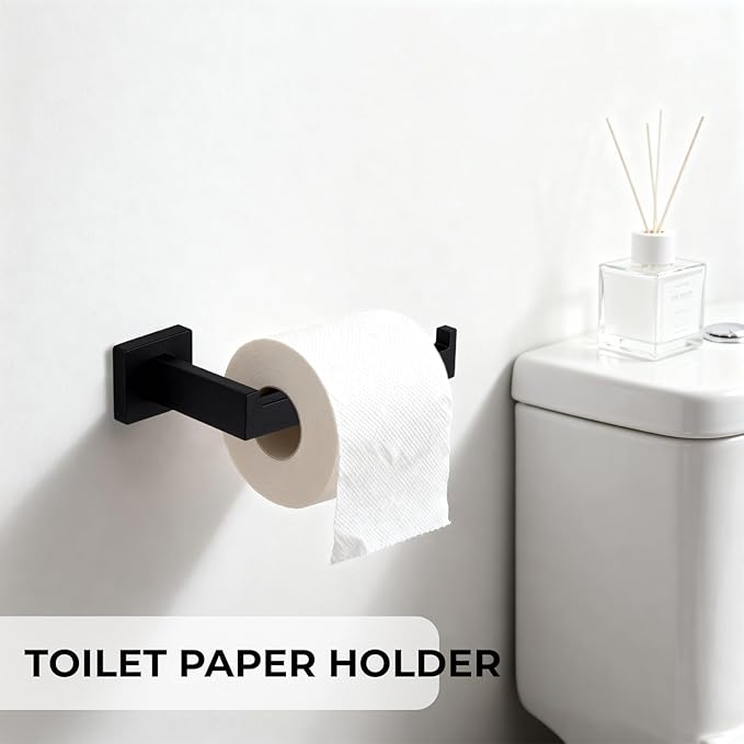 5 Pieces Matte Black Bathroom Hardware Accessories Set, 23.6 Inch Stainless Steel Towel Bar Set, Wall Mount Toilet Paper Holder, Towel Holder, Towel Hooks for Bathroom