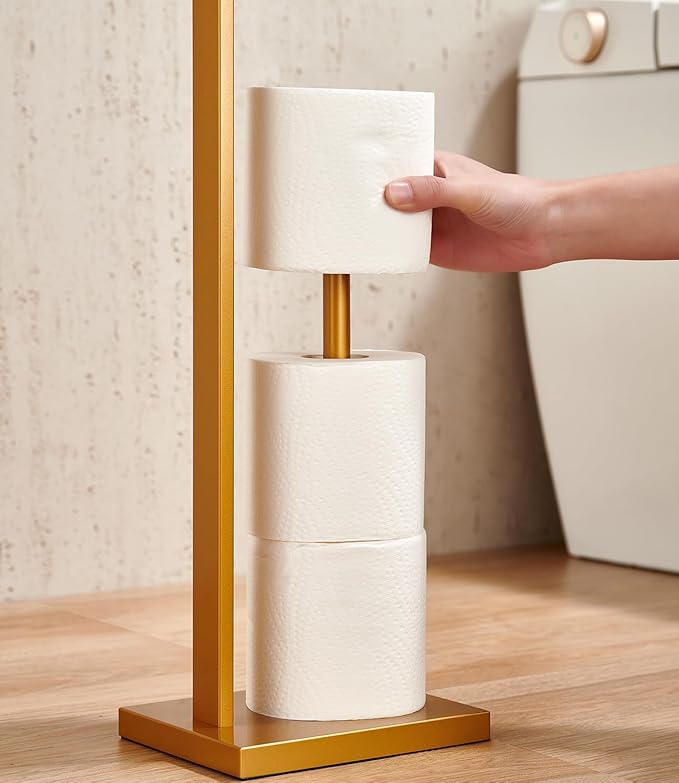 Miyili Bathroom Lavatory Toilet Paper Holder with Shelf Stainless Steel Freestanding Toilet Tissue Roll Holder Square Style Gold, F04G2