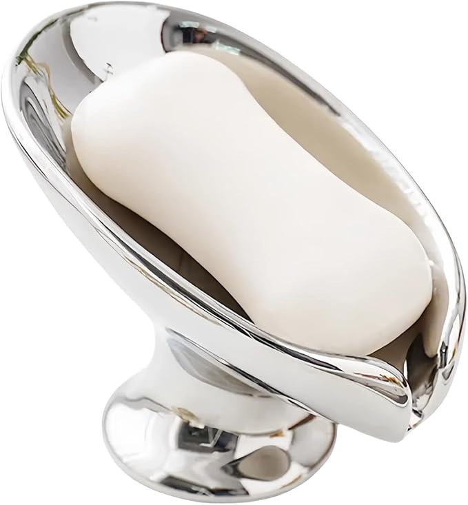 Bar Soap Holder, Soap Dish for Shower, Self Draining Soap Dish, Metallic Glossy Ceramic Soap Holder, Used for Sinks, Bathrooms, Showers,Kitchens (Silvery)