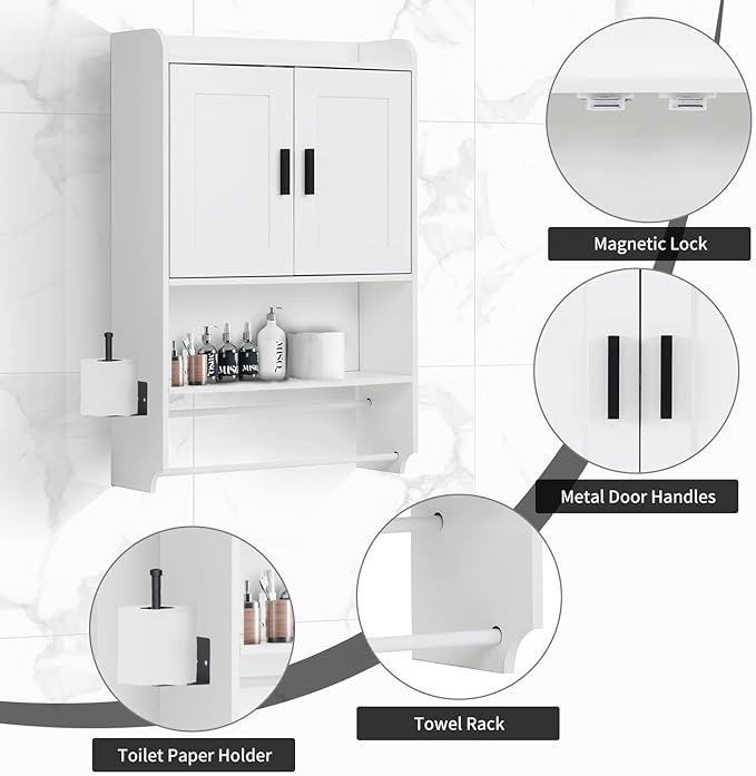 apexnova Bathroom Wall Cabinet, Wooden Medicine Cabinet Over The Toilet with Adjustable Inner Shelf, Wall Mounted Cabinet with Doors for Bathroom Storage, Hanging Cabinet for Wall with Towels Bar