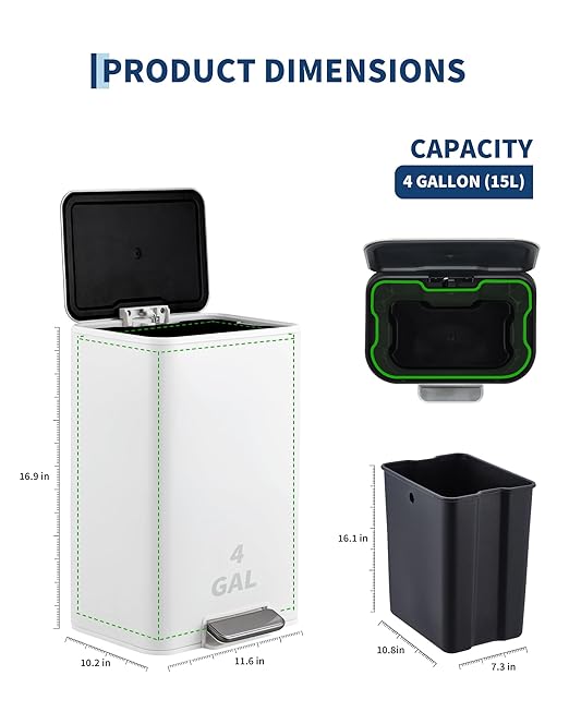 Garvee Space-Saving Bedroom Trash Can, 4 Gallon Small Trash Can with Soft-Close Lid, Foot Pedal & Removable Inner Bucket, Rectangular Stainless Steel Garbage Can for Living Room, Home, Office, White