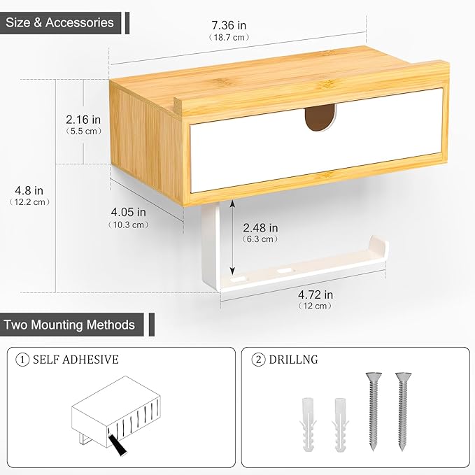 Domax Compact 7.36" Bamboo Toilet Paper Holder with Shelf and Storage Drawer - Wall Mount or Adhesive Bathroom Organizer for Tampons, Small Items, Space-Saving Design, Nature&White
