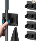 Mop Broom Holder No Drill, Mop Broom Organizer Wall Mounted Heavy Duty with Hooks Hanger, Self Adhesive Stainless Steel 6Pcs for Bathroom, Kitchen, Office (Black)