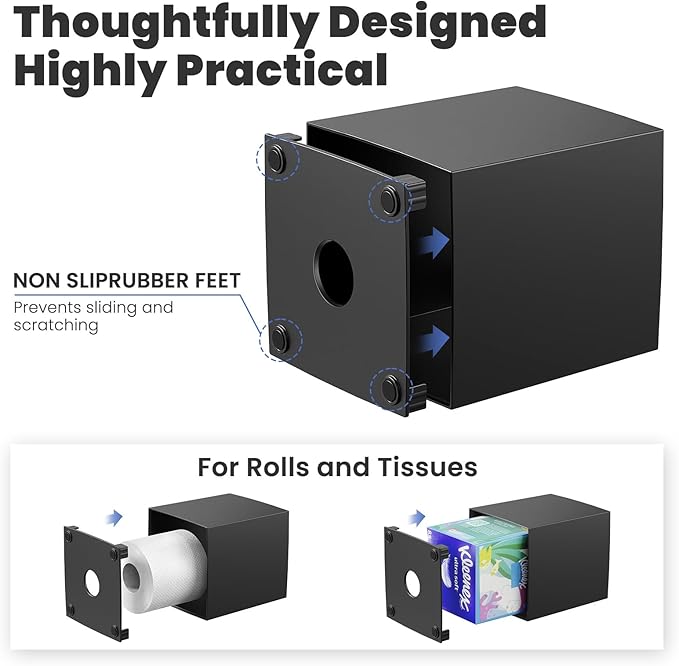 Tissue Box Cover, Square Facial Acrylic Tissue Box Holder with 2 Pack Clear Qtip Holder Dispenser, Bathroom Vanity Dresser Night Stand Essentials Accessories Decor, Modern Farmhouse Decor,Black