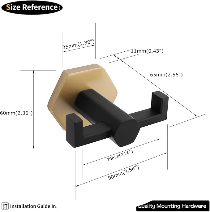GERZWY Stainless Steel Coat/Robe Clothes Hook for Bath Kitchen, Bathroom Double Towel Hook Wall Mounted 2 Pack (Black & Gold)