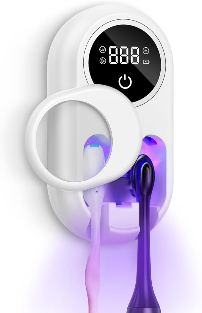 Toothbrush Sanitizer Holder, Upgraded UV Toothbrush Holder with Dual-Mode Clean & Fan Dry, LED Smart Screen, Auto-Inductive Cover, Toothbrush Wall Mounted Cleaner Organizer for Bathroom, Trip
