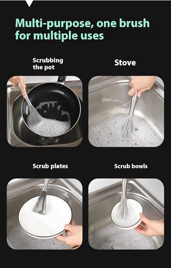 Stainless Steel Scrubber with Handle, Durable Metal Dish Brush for Kitchen Cleaning,One-Piece Molding Process, Hands-Free Cleaning, Suitable for Frying Pans, Plates, Bowls，Cast Iron Skillet