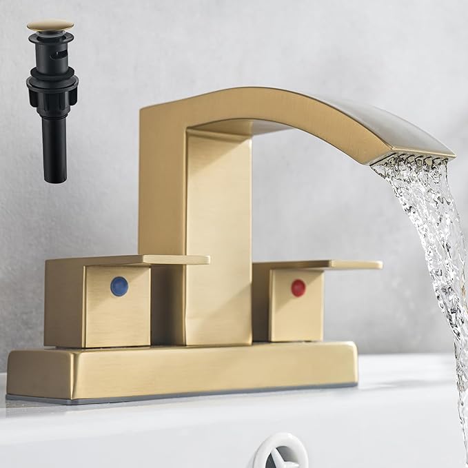 4 Inch Centerset Bathroom Faucet, 2-Handle Waterfall Sink Faucet 3 Hole, Brushed Gold Vanity Faucet with Pop Up Drain & cUPC Supply Hoses,Waterfall Bathroom Faucet for Lavatory