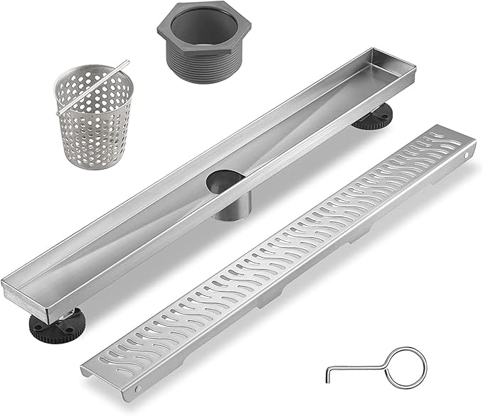 Sharp-tec Linear Shower Drain, 32 inch Shower Drain with Removable Pattern Cover, Brushed Nickel 304 Stainless Steel Rectangle Floor Drain, Adjustable Feet and Hair Strainer Included