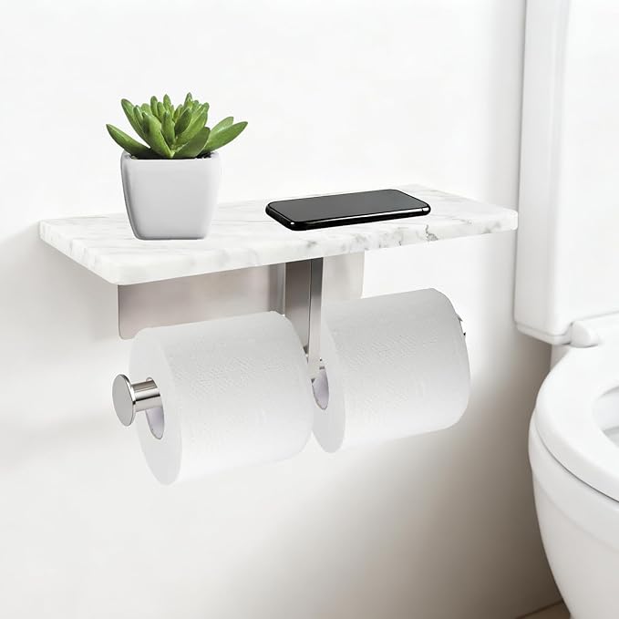 Toilet Paper Holder with Natural Marble Shelf for Bathroom Washroom,Wall Mounted Tissue Holder Suitable for Mega Roll (Brushed Nickel, Large 11.8 * 4.7)