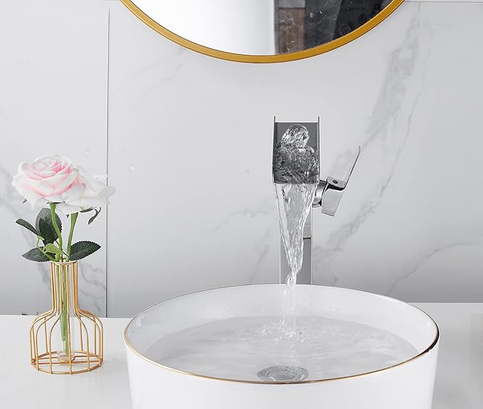 Bathroom Vessel Sink Faucet Chrome Waterfall Single Handle One Hole Bathroom Faucets Tall Brass Vanity Lavatory Bowl Sink Modern Commercial Basin Mix Tap Deck Mount Water Supply Hose