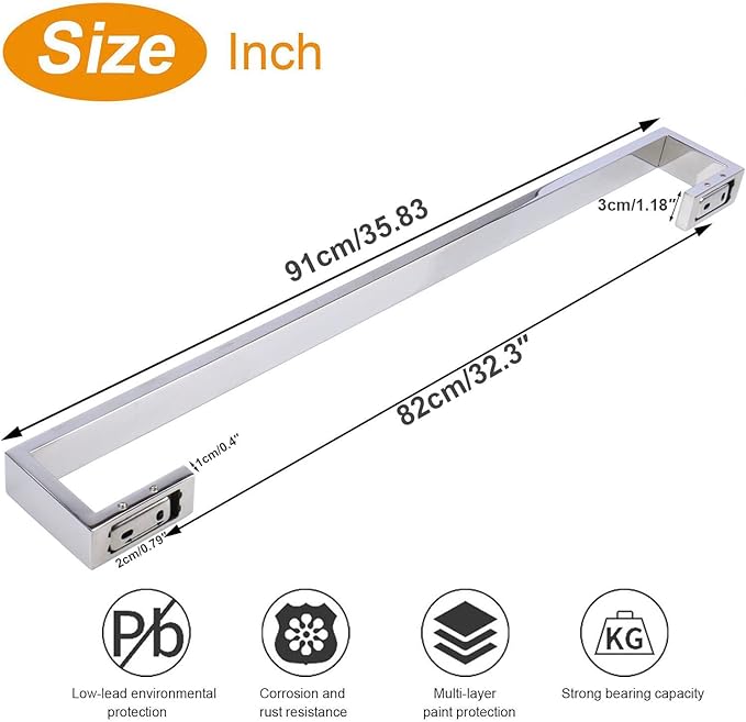 TocTen Bath Towel Rack - Square Base Thicken SUS304 Stainless Steel Towel Bar for Bathroom, Bathroom Bar Accessories Towel Rod Heavy Duty Wall Mounted Towel Holder (Polish Chrome, 36 Inch)