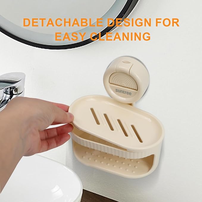 Suntree Soap Dish for Shower, Milky White Suction Cup Soap Holder with Self-Draining Design and Sponge Tray, No Drilling Bathroom & Kitchen Storage