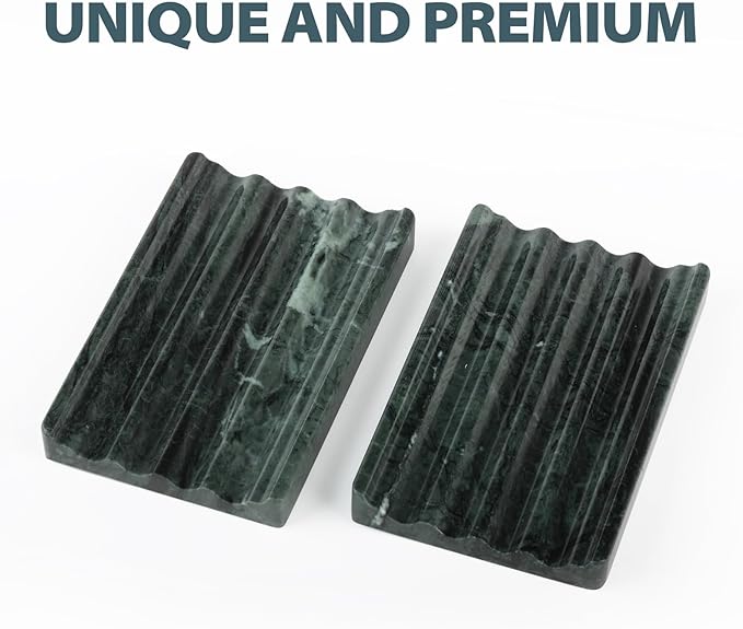 2 Pcs Soap Holder for Bathroom, Marble Soap Dish for Kitchen Countertop, Green Soaps Tray with Creative Wavy Design, Soaps Saver for Bath Tub, Sponges, Indian Natural Stone