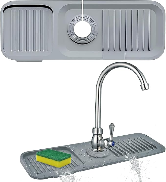 Silicone Sink Splash Guard for Kitchen & Bathroom, 17.7 inch Faucet Mat with 5° Slope & Cuttable Hole, Fast Draining Drip Catcher Tray, Dish Soap Sponge Holder, Drying Mat for Counter Top