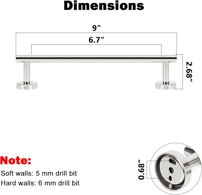 NearMoon Bath Towel Bar, Thicken Stainless Steel Shower Towel Rack Holder Wall Mounted for Bathroom, 9-lnch Overall Length-7-lnch Usable Hanging Space (1 Pack, Chrome Finish)