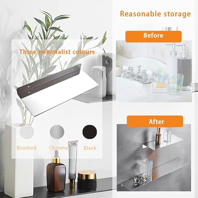 12Inch Stainless Steel Wall Mounted Floating Shelf Drilling or Shelf Adhesive Modern Room Decor Wall Shelf Floating Shelf for Bathroom Bedroom Decor