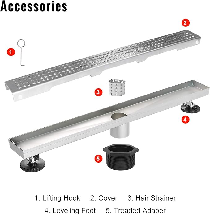 SaniteModar Linear Shower Drain, Shower Drain 48 inch with Removable Square Hole Panel, AISI Brushed 304 Stainless Steel Shower Floor Drain with Adjustable Feet and Hair Strainer