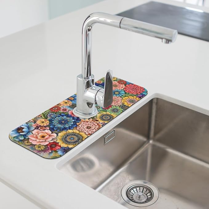 Kitchen Sink Splash Guard Faucet Mat Boho Flowers 1PC Super Absorbent Fast Drying Faucet Guard & Draining Mat Sink Splash Guard Behind Faucet Drip Catcher for Kitchen Bathroom RV (15.4" X 5.7" )