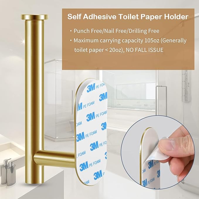 Toilet Paper Holder - Self Adhesive Toilet Paper Holder Wall Mount for Bathroom, SUS 304 Stainless Steel Command Strip Toilet Paper Roll Holder Stick On Wall, No Drilling - Brushed Gold（2 Pcs）