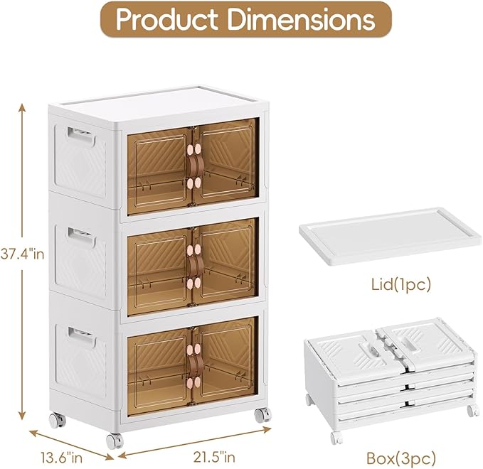 JEKO&JEKO 189Qt Stackable Storage Bins with Lids and Wheels, Foldable Collapsible Plastic Drawer Boxes for Clothes, Home, White, 3 Pack