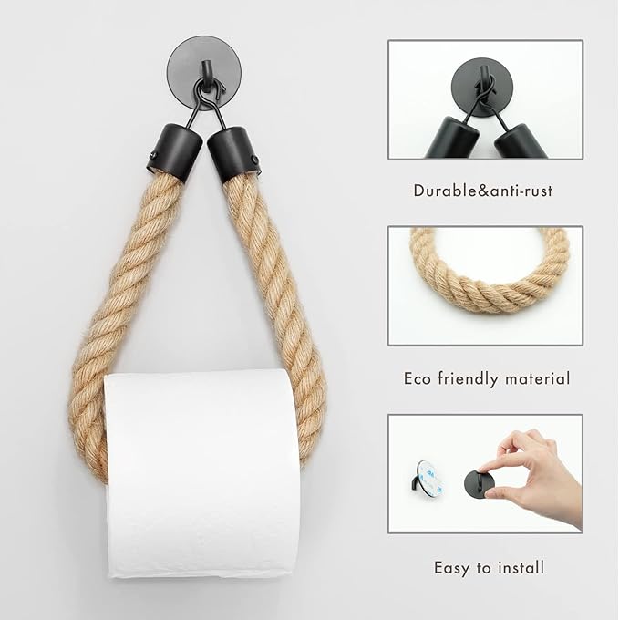 WONQEXZ Nautical Rope Toilet Paper Holder - Self Adhesive, No Drill Required, Black, Stainless Steel and Cotton Rope