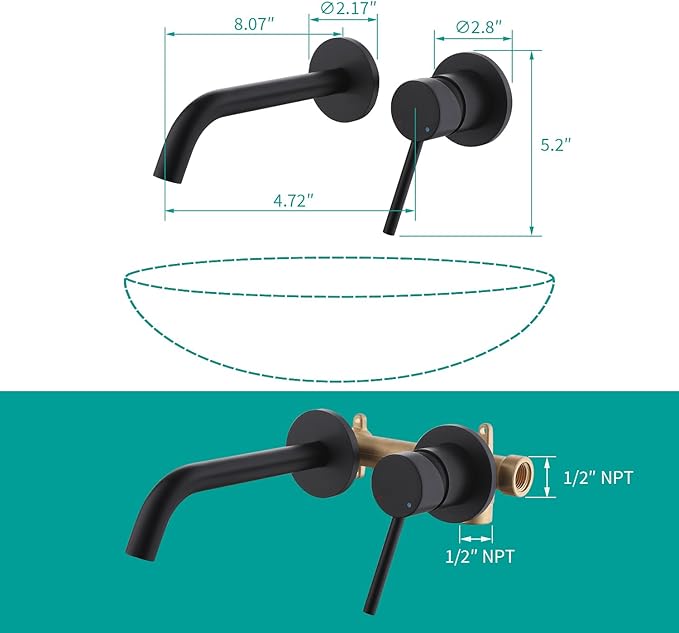 Weshi Bathroom Faucets Wall Mount Matte Black Bathroom Basin Faucet - Single Handle Vanity Tap - Curved Wall Spout Sink Faucet with Rough-in Valve