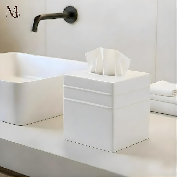 Monarch Abode Tissue Box Cover Square – Handcrafted Border Embossed White Metal Tissue Holder Box for Bathroom Accessory, Aesthetic Decorative Facial Napkin Cube for Modern Home Decor