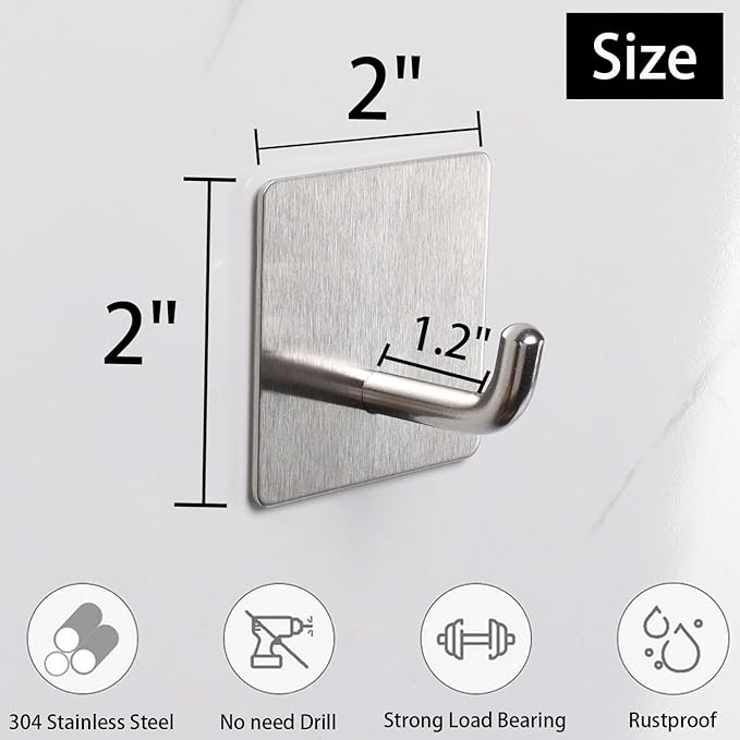 Bath Towel Hooks - 4 Pack Strong Self Adhesive Coat/Clothes Hooks, No Drilling Sticky Hooks, Heavy Duty 304 Stainless Steel Shower Wall Hook for Bathroom Kitchen Bedroom(Brushed Nickel)