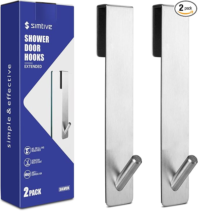 Simtive Extended (7-Inch) Over Door Hooks for Bathroom Frameless Glass Shower Door, Towel Hooks, 2-Pack, Silver