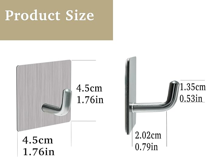 Heavy Duty Self-Adhesive Coat Hooks, Stainless Steel Towel Hooks for Shower, Bags, Towels, Robes, Hats, Aprons – No Drill Bathroom, Kitchen, Hotel Wall Hooks (4 Pack, Silver)