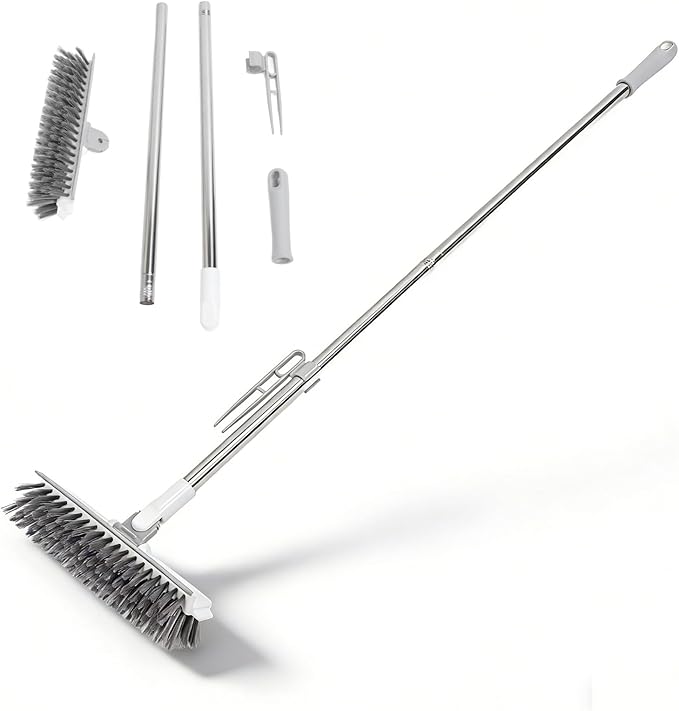 2 in 1 Floor Scrub Brush, Long Handle Grout Brush with 180 Degree Rotating Head and Stiff, for Cleaning Bathroom Kitchen Tile (While)