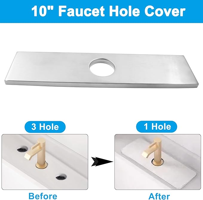 Biaungdo 10" Hole Cover Deck Plate, Brushed Nickel Escutcheon Plate Stainless Steel Bathroom Faucet Plate Rectangle Faucet Cover Plate for 1 or 3 Hole Bathroom Vanity Sink Faucet