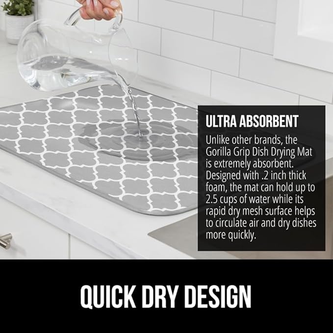 GORILLA GRIP Ultra Water Absorbent Microfiber Dish Drying Mat 2 Pack, Quick Dry Mesh, Slip Resistant Pad for Sink Dishes or Under Rack, Kitchen Counter Accessories, Machine Wash, 18x16, Quatrefoil
