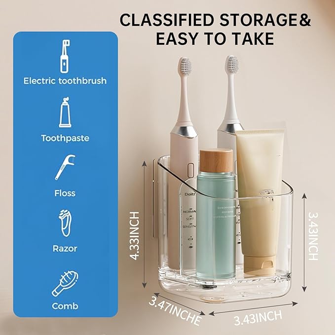 Electric Toothbrush Holder，Toothbrush and Toothpaste Holder for Bathroom,3 Slots Toothbrush Organizer with Adjustable Dividers for Bathroom/Kitchen/Office/Kids