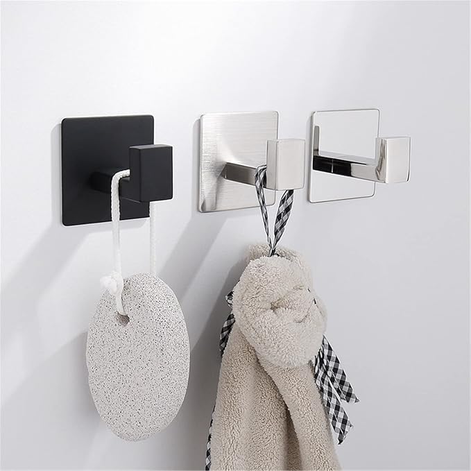Flybath Coat Hook SUS 304 Stainless Steel Square Towel Robe Hooks Wall Mounted Self Adhesive (No Drilling), Brushed Finish - 2 Pack