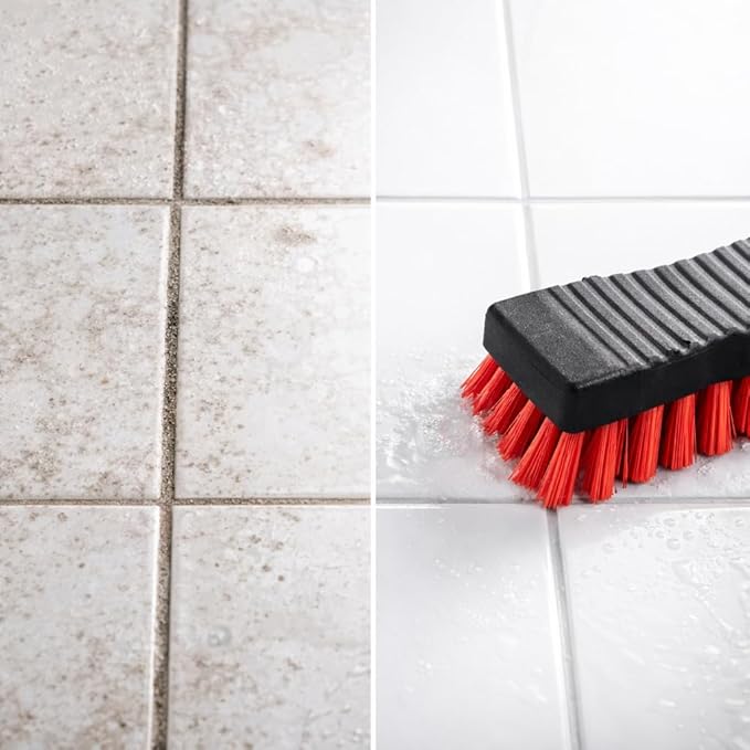 High Power Scrub Brush, 7.5 Inch Handheld Cleaning Brush with Red Stiff Fibers, Black Grip Handle for Kitchen, Bathroom, Tile, Grout, Sink & Shower