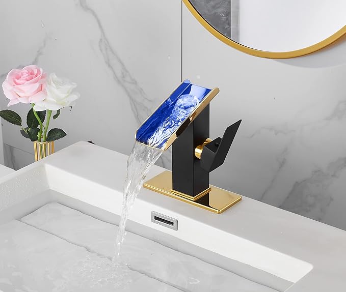 One Hole Bathroom Faucets LED Waterfall Spout Black and Gold RGB 3 Colors Light Changing Temperature Lavatory Vanity Sink Faucet Brass Single Handle Modern Washbasin Bath Tap Commercial Residential