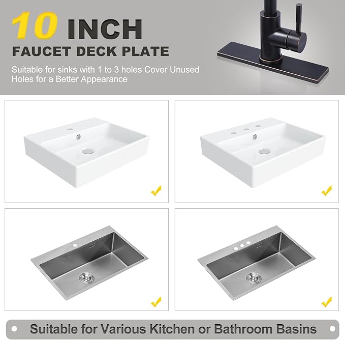 10" Sink Faucet Hole Cover Deck Plate for Bathroom & Kitchen Vanity Sink, Faucet Oil Rubbed Bronze Escutcheon Plate Stainless Steel Outside Faucet Cover Cap Rectangle Mixer Tap