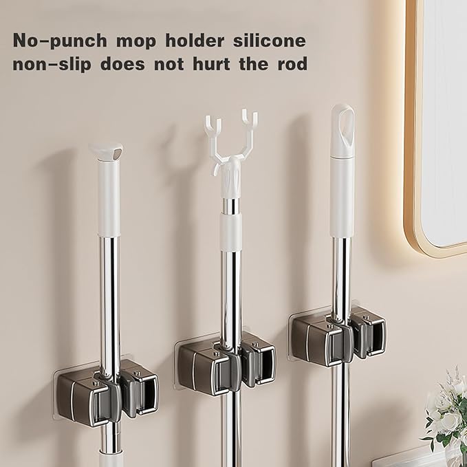 4 Pack Broom Holder Wall Mount,Self Adhesive Anti-Slip Mop and Broom Holder Wall Mount for Kitchen, Bathroom, Closet, Garden Garage, Gray