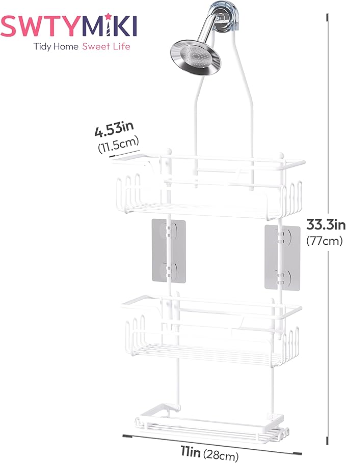 SWTYMIKI Bathroom Shower Caddy Hanging - 3 Tier Rustproof Over Shower Head Organizer, No Drilling Bathroom Shelf with 16 Hooks & Soap Holder, Anti-Swing Rack for Shampoo,Sponge,Towel, White, Medium