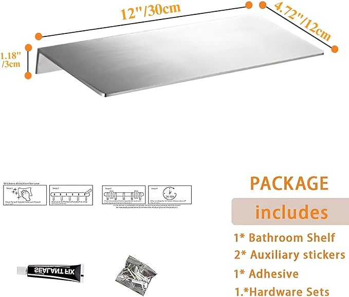 12Inch Stainless Steel Wall Mounted Floating Shelf Drilling or Shelf Adhesive Modern Room Decor Wall Shelf Floating Shelf for Bathroom Bedroom Decor